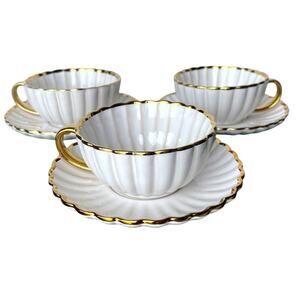 Gold Trim Scalloped Fine China Porcelain Teacups and Plates Set of 6